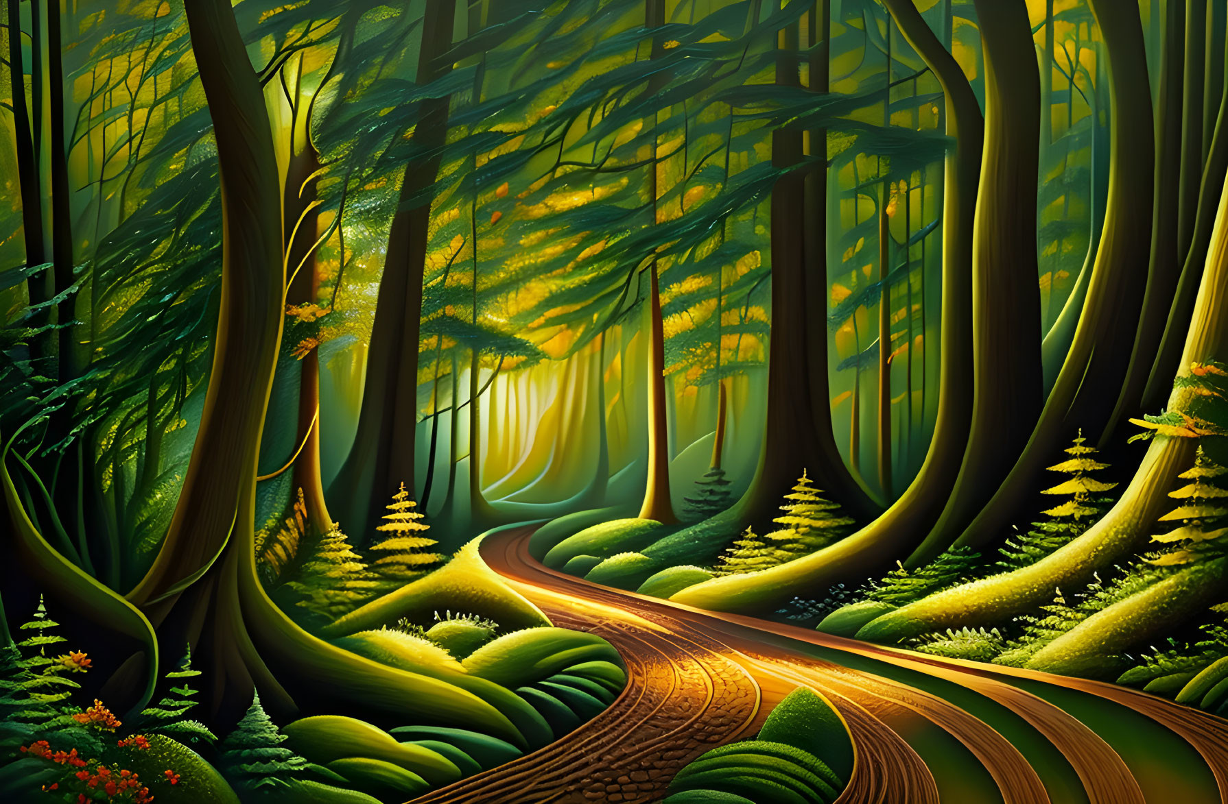 Stylized forest scene with winding path and sunlight filtering through tall trees