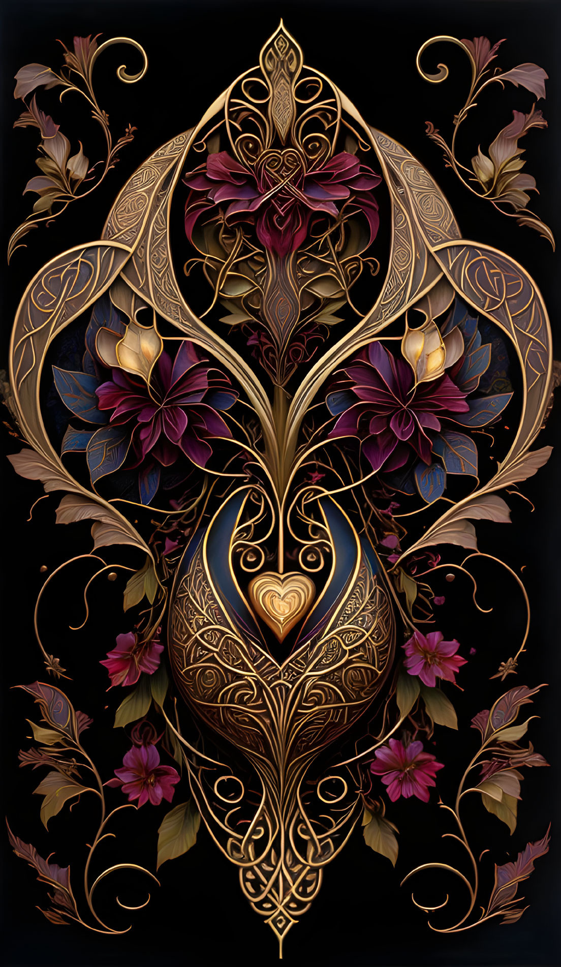 Symmetrical gold filigree with heart shapes and purple flowers on black background