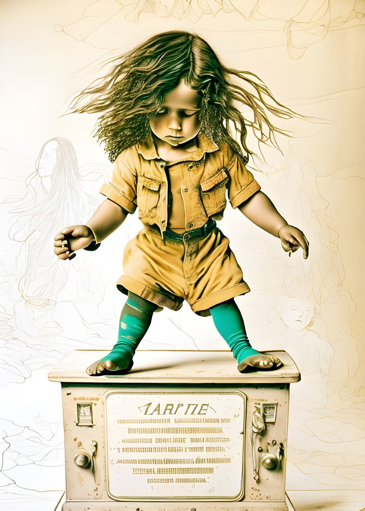 Long-haired doll in khaki jumpsuit on old beige washing machine with Cyrillic script