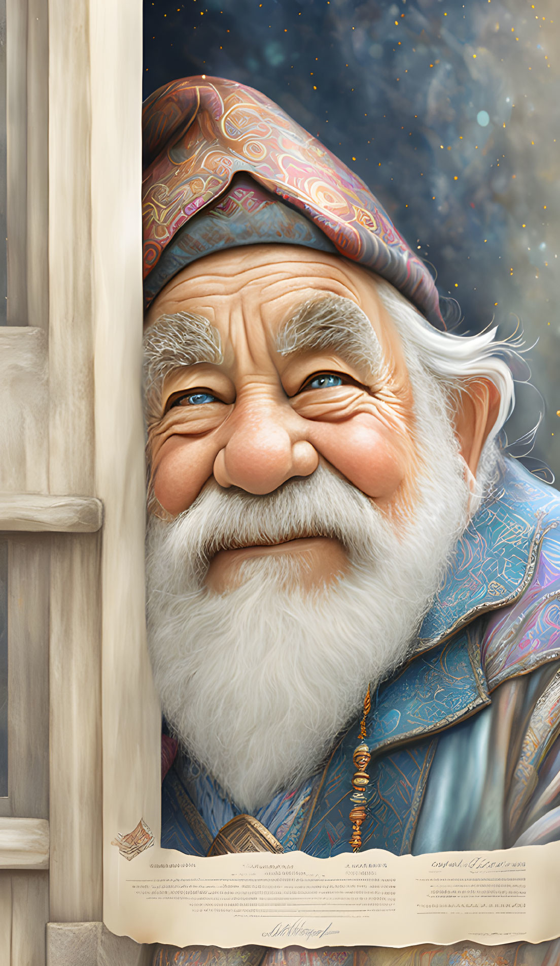 Elderly man with white beard in colorful hat and blue cloak smiling warmly