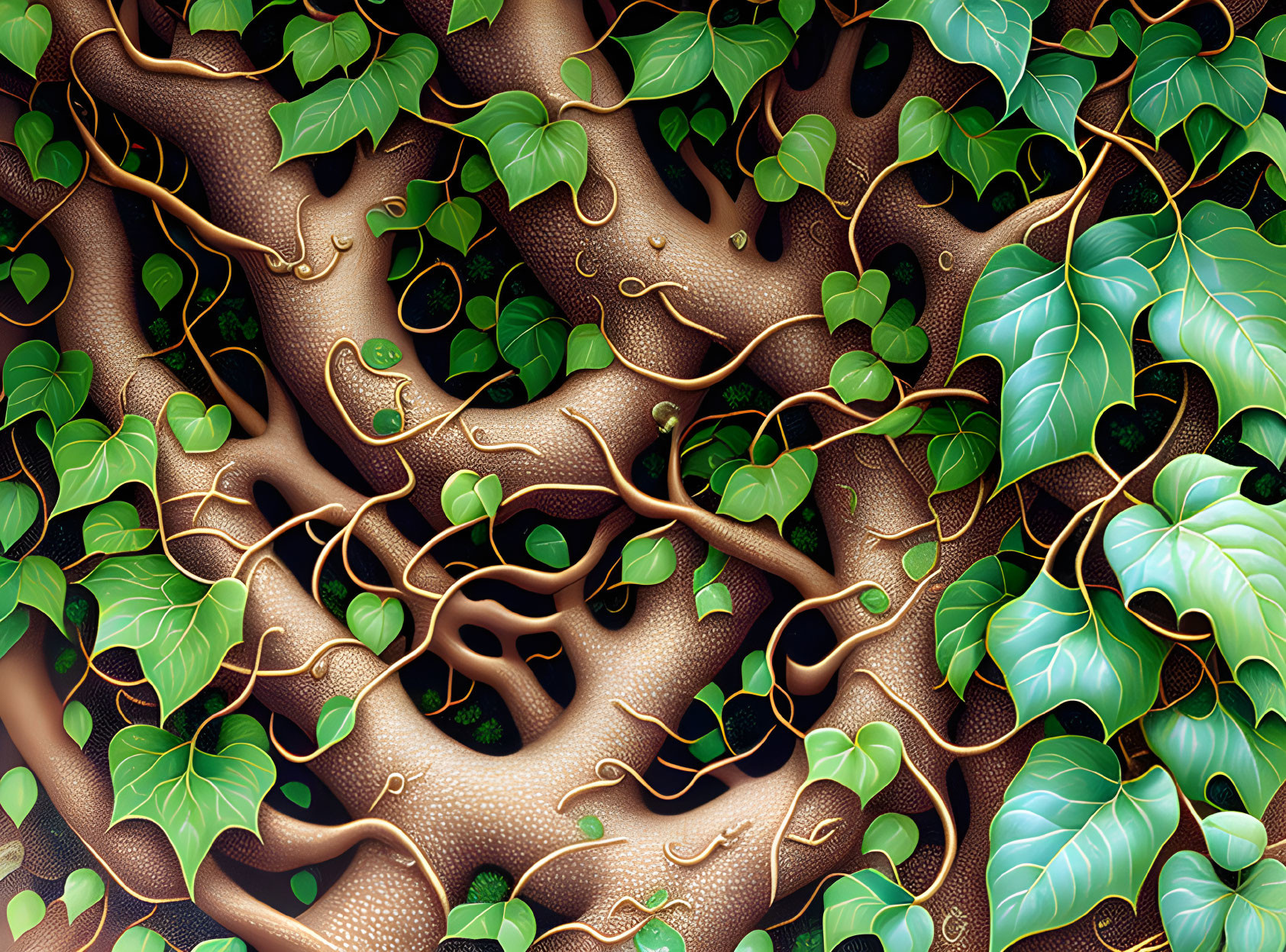 Detailed illustration of interwoven tree branches and green ivy leaves on dark background