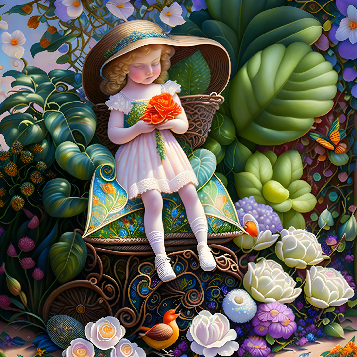 Young girl in straw hat surrounded by vibrant plants holding orange flower