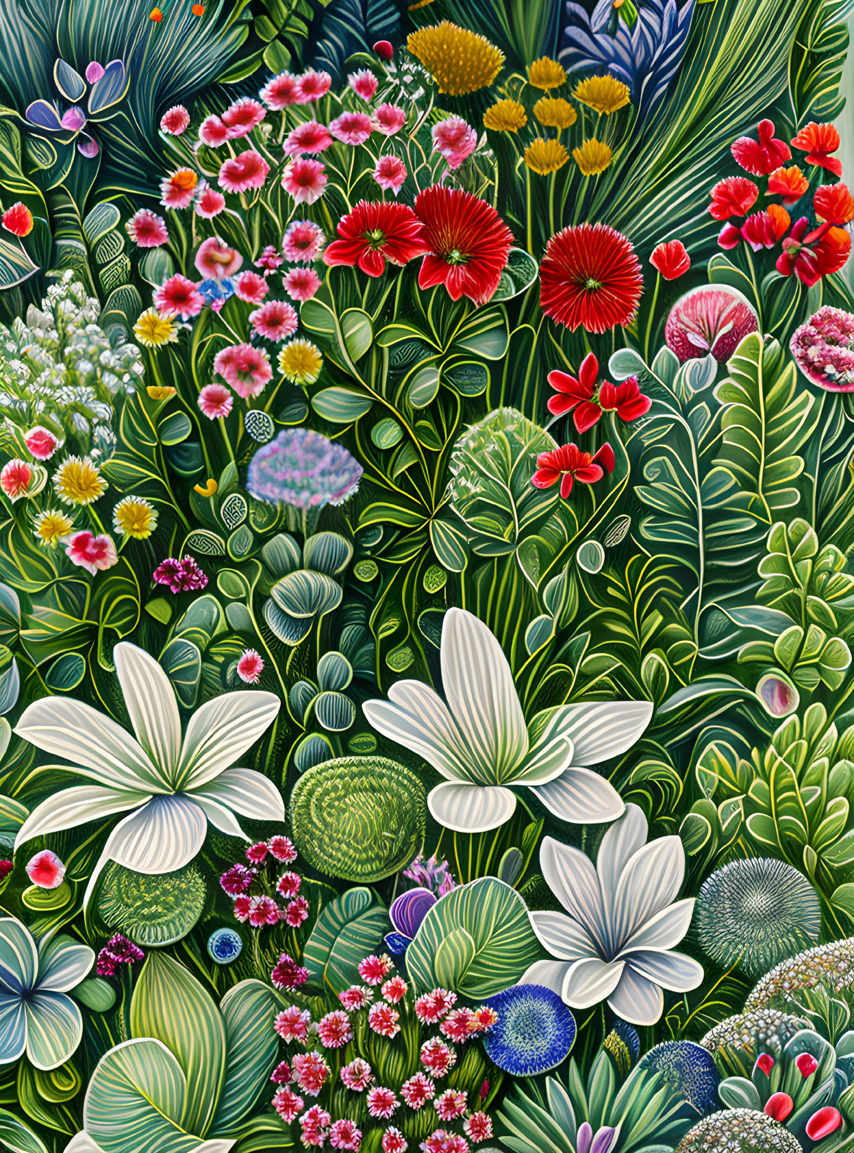 Detailed Botanical Illustration of Vibrant Flowers and Leaves