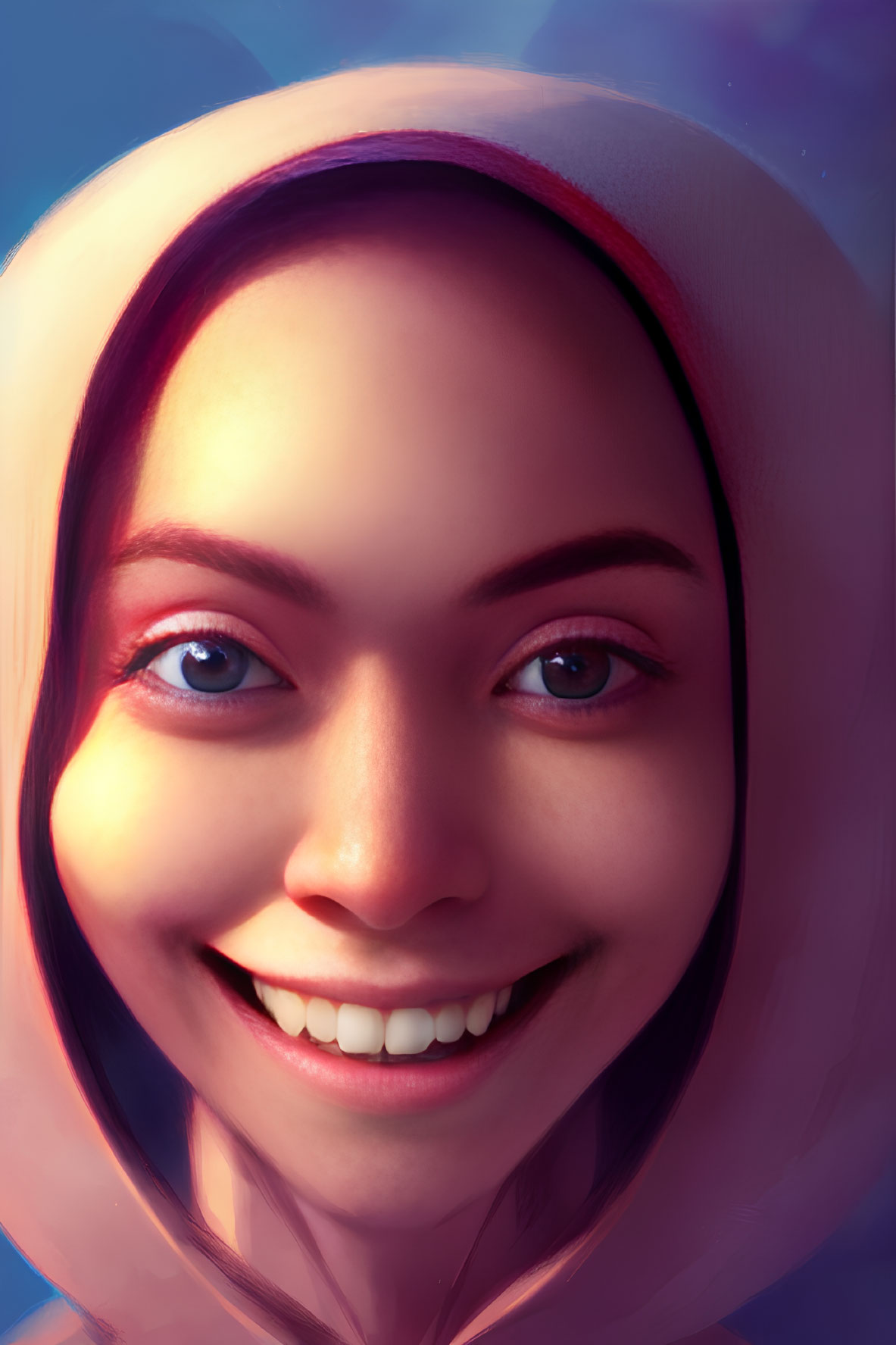 Detailed digital illustration of smiling person in white hijab with warm skin tones and bright eyes on vibrant blue