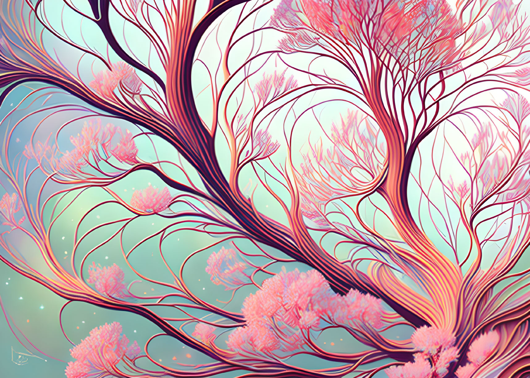 Whimsical trees illustration with pink foliage on teal background