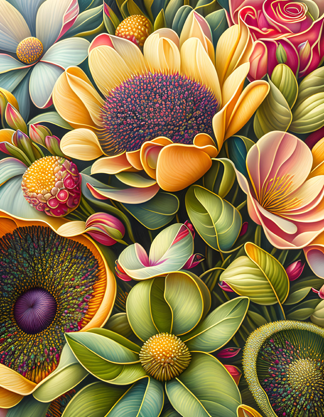 Detailed illustration of colorful flowers and foliage with intricate textures