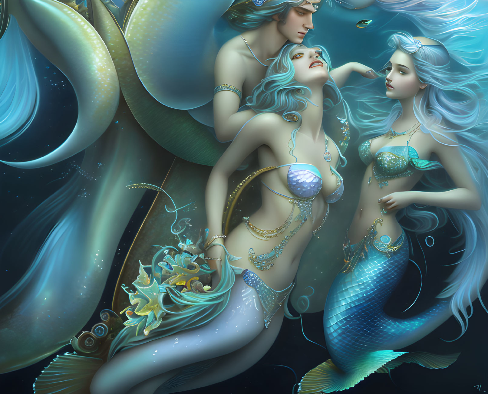 Ethereal mermaids with flowing hair and ornate tails in mystical underwater scene