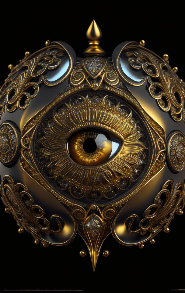 Detailed golden ornamental design with realistic eye on black background