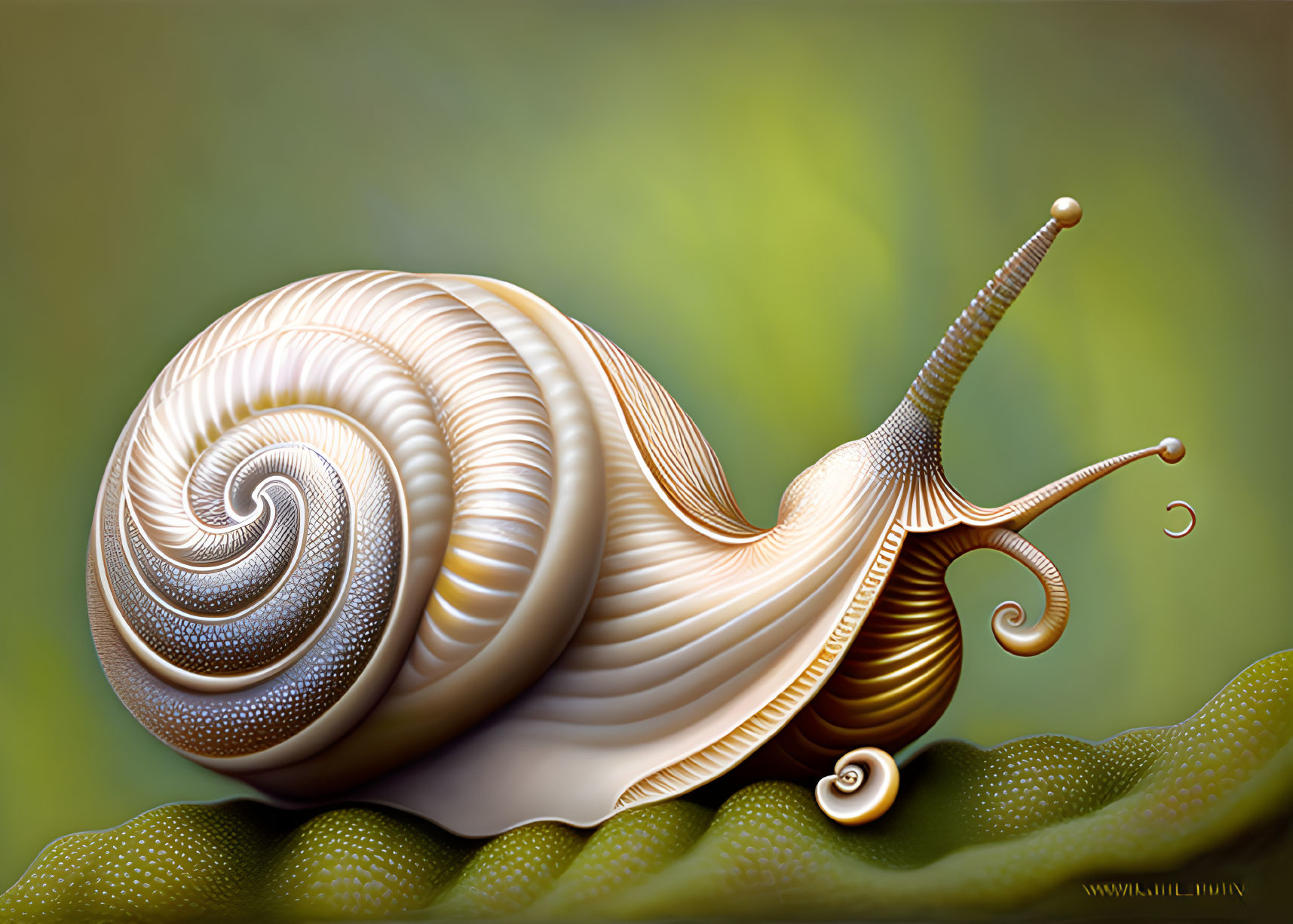 Detailed digital snail illustration with ornate shell on leaf