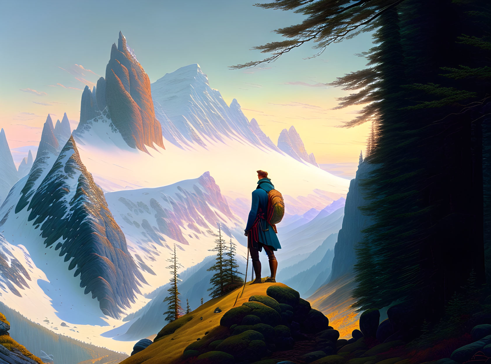 Traveler admires majestic mountain range at sunrise from hilltop