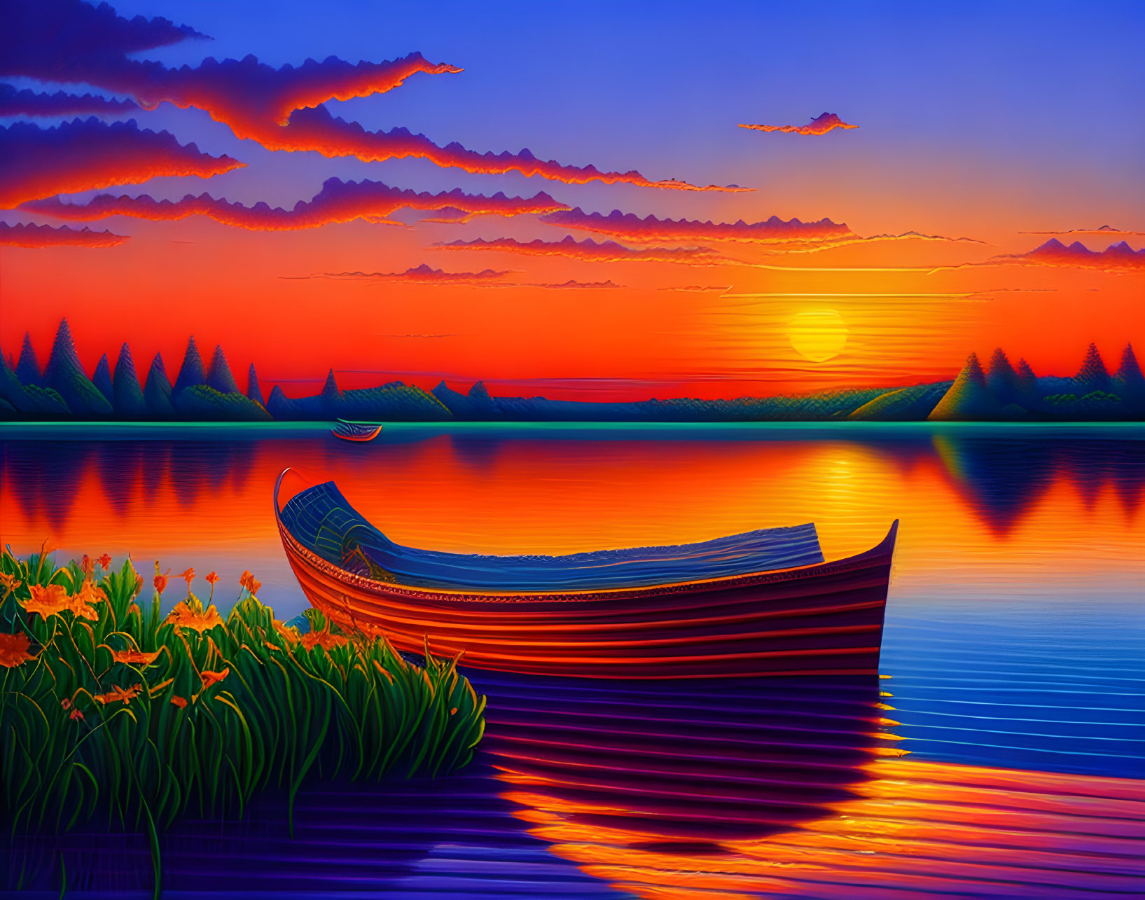 Scenic sunset over calm lake with boat, tree silhouettes, fiery sky