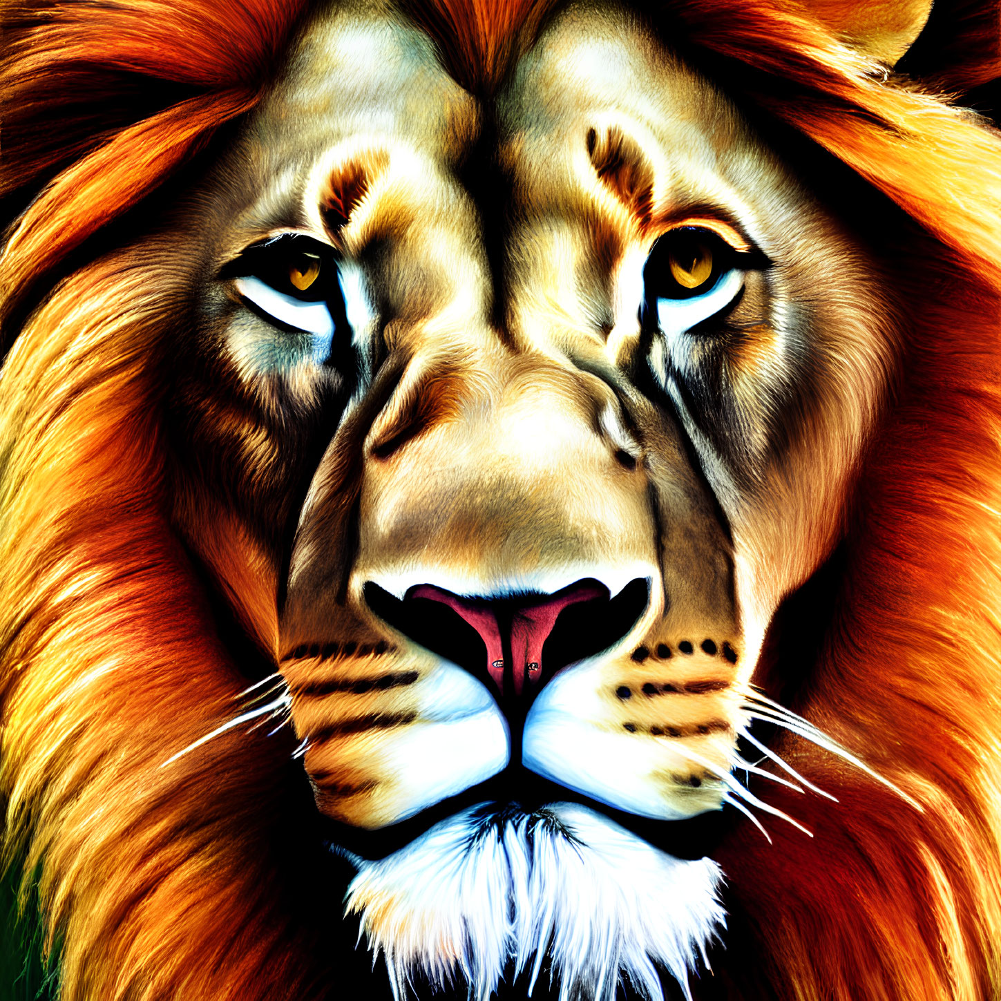 Detailed illustration of intense lion's face with vibrant mane