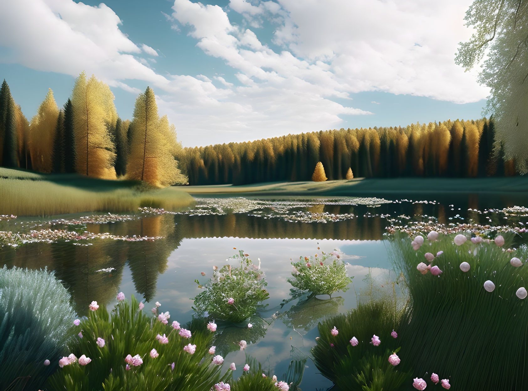 Golden Trees Reflecting in Tranquil Lake Amid Lush Greenery and Pink Flowers