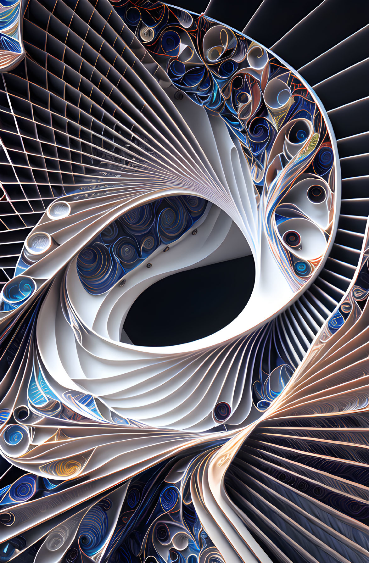 Abstract Fractal Image: Flowing Lines and Spirals in Blue, White, and Orange