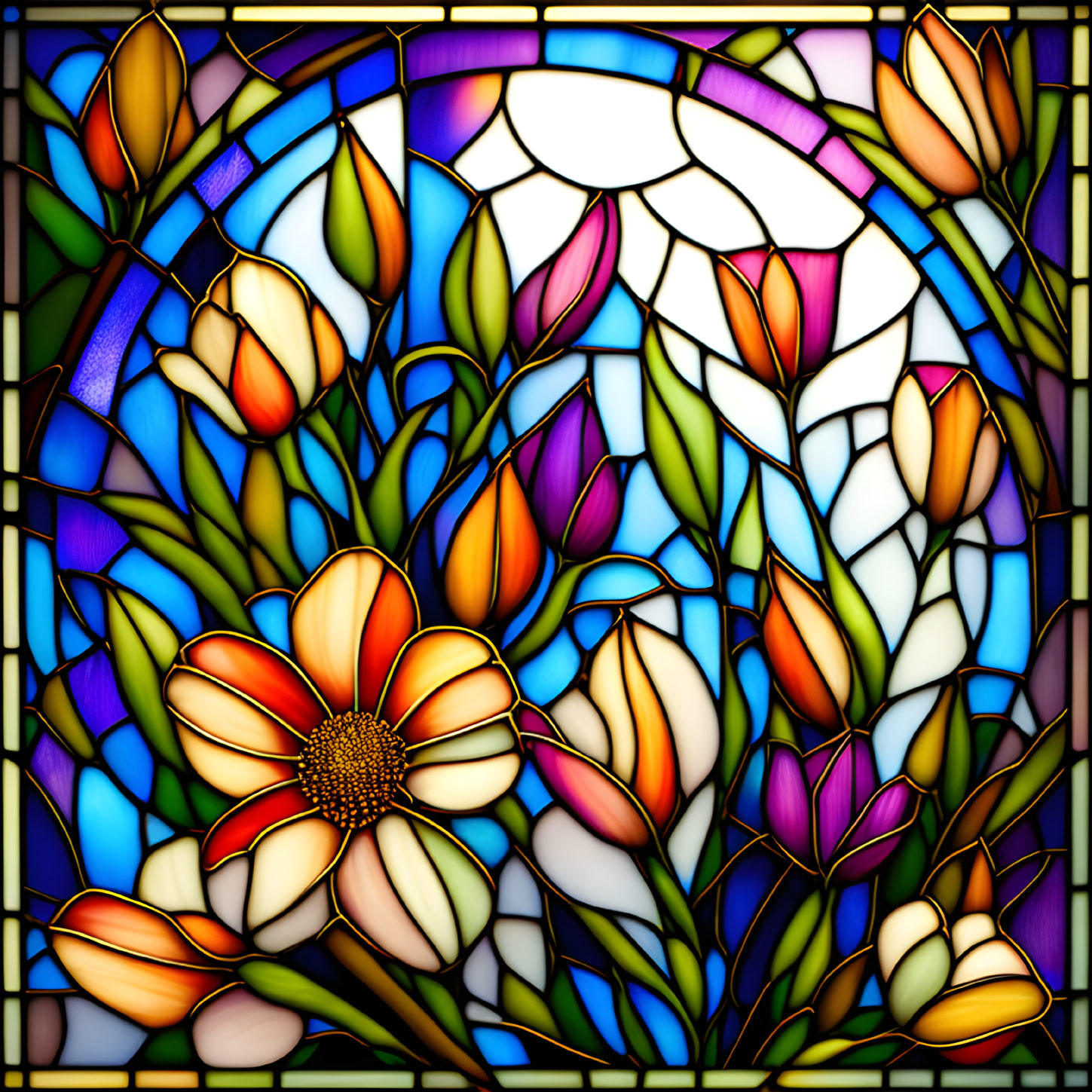 Colorful tulip-themed stained glass window with intricate patterns and mosaic-like design.