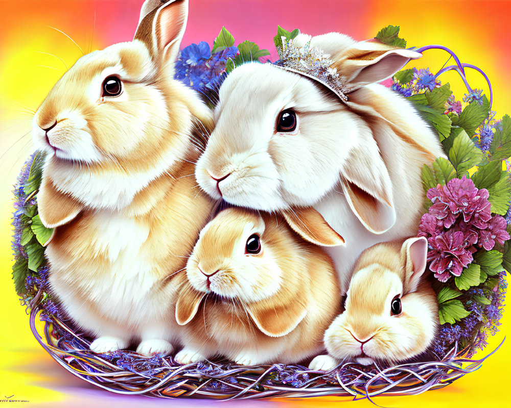 Colorful Illustration of Four Rabbits in Wicker Basket with Flowers