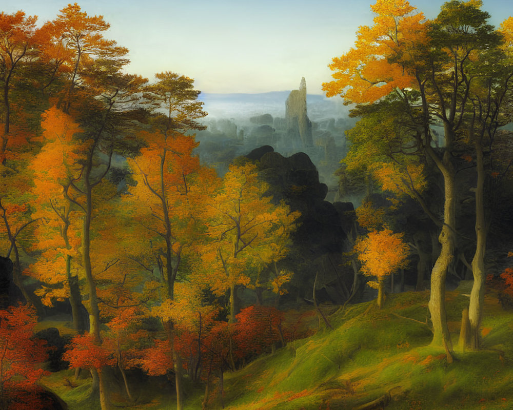 Vibrant autumn trees on hillside with misty castle backdrop