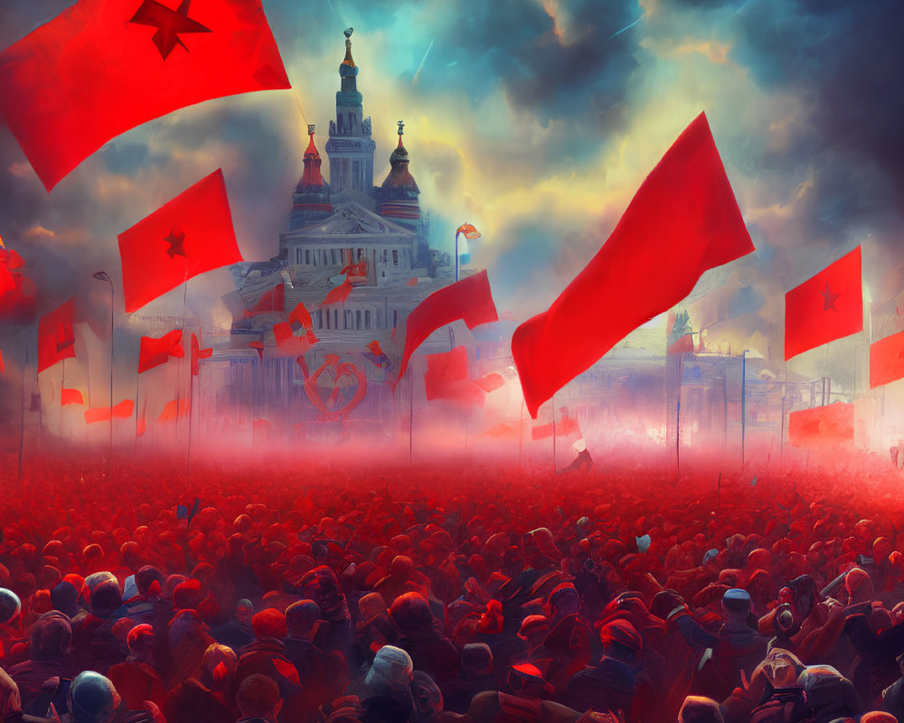 Illustration: Animated crowd with red flags converging on grand building