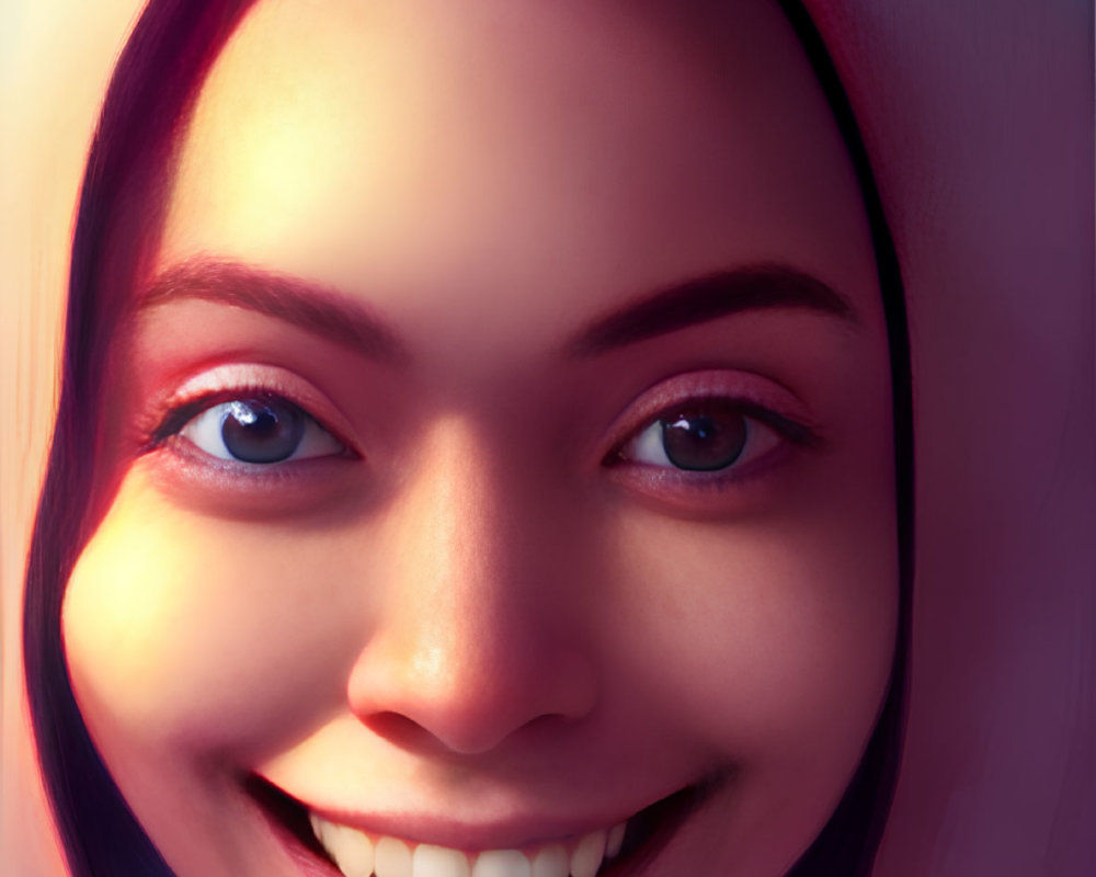 Detailed digital illustration of smiling person in white hijab with warm skin tones and bright eyes on vibrant blue