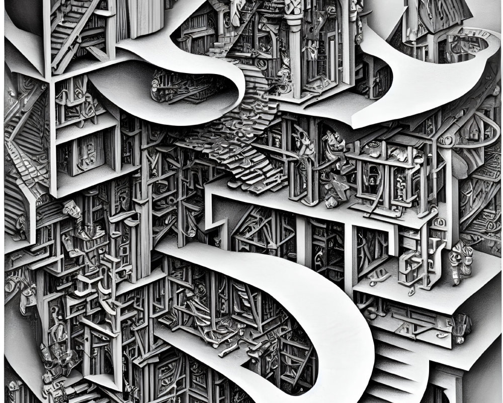 Detailed black and white drawing of Escher-like impossible structure