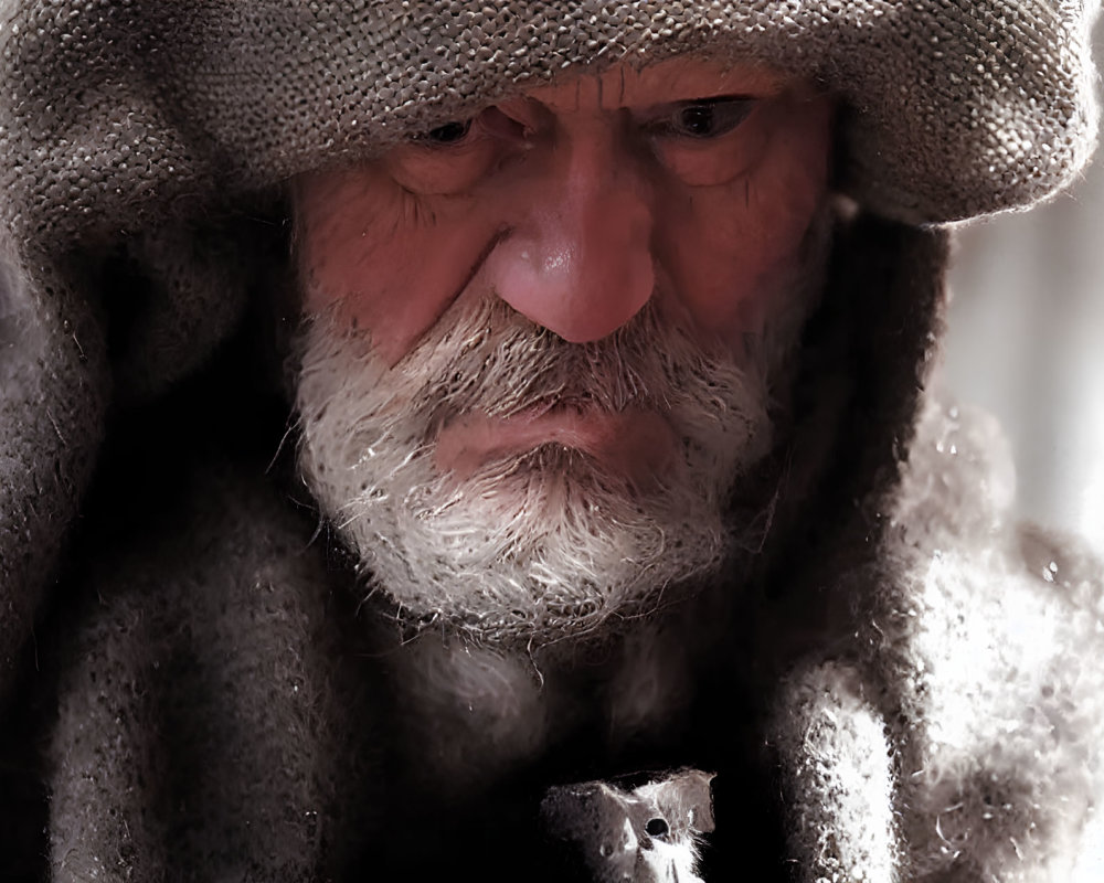 Elderly Man with White Beard in Knit Hat Deep in Thought