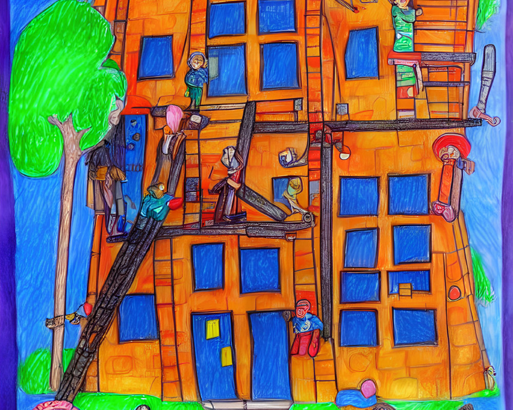 Colorful child-like drawing of people near tall orange building.