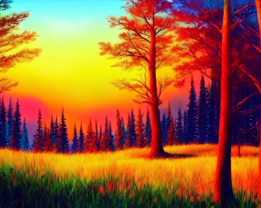 Colorful Sunset Forest Landscape with Silhouetted Pine Trees