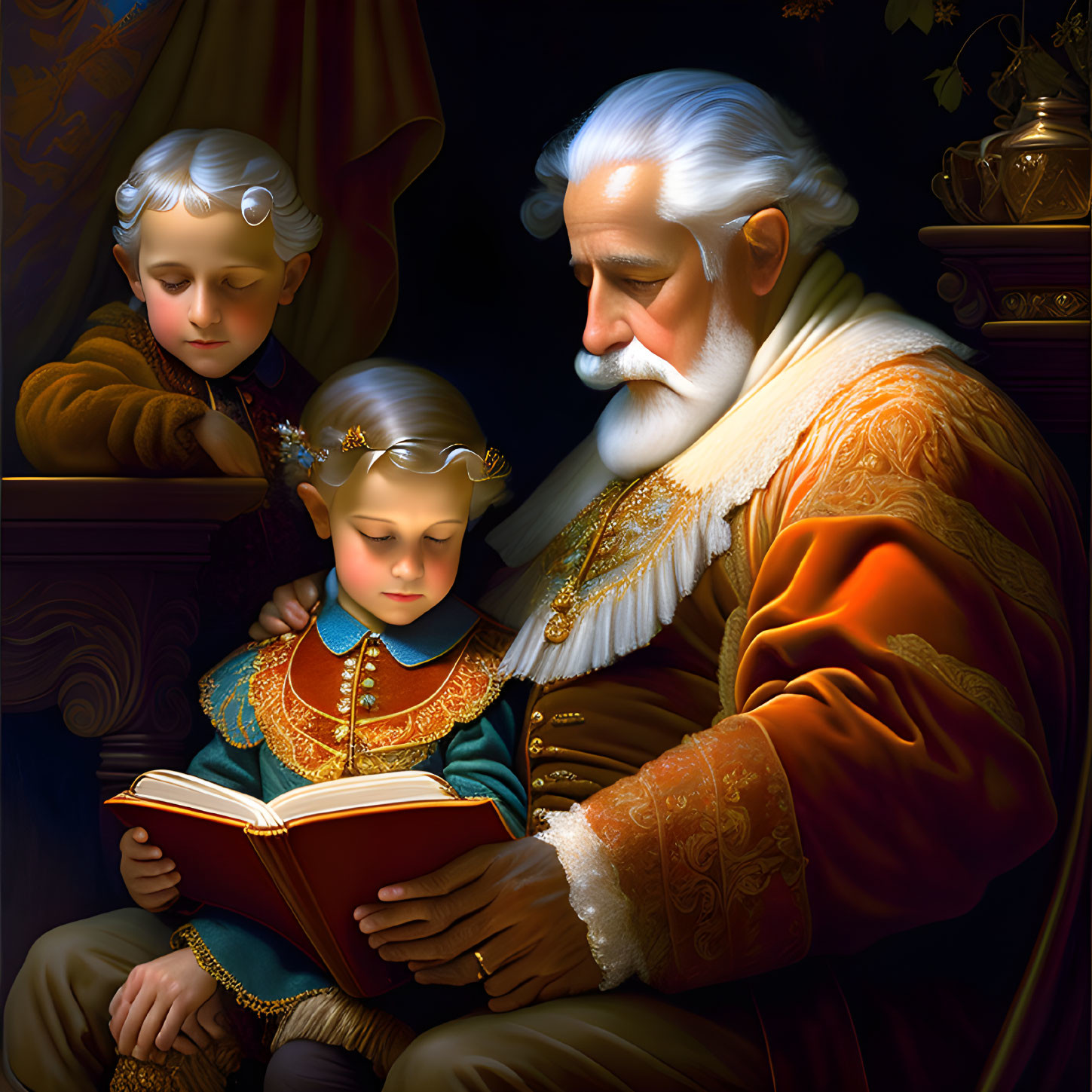 Elderly man reading to children in royal attire