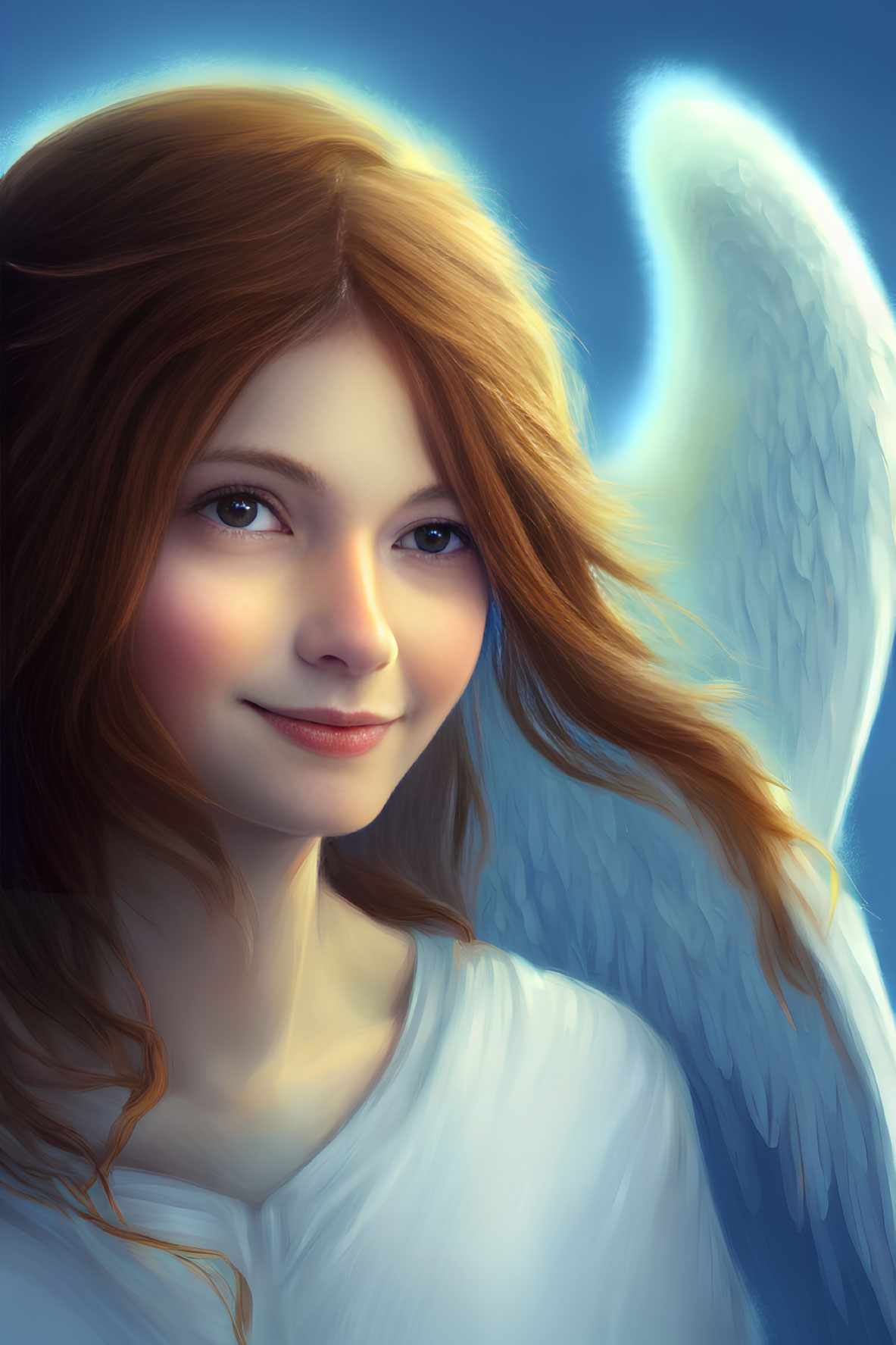 Young angel illustration with blue wings and auburn hair on blue backdrop