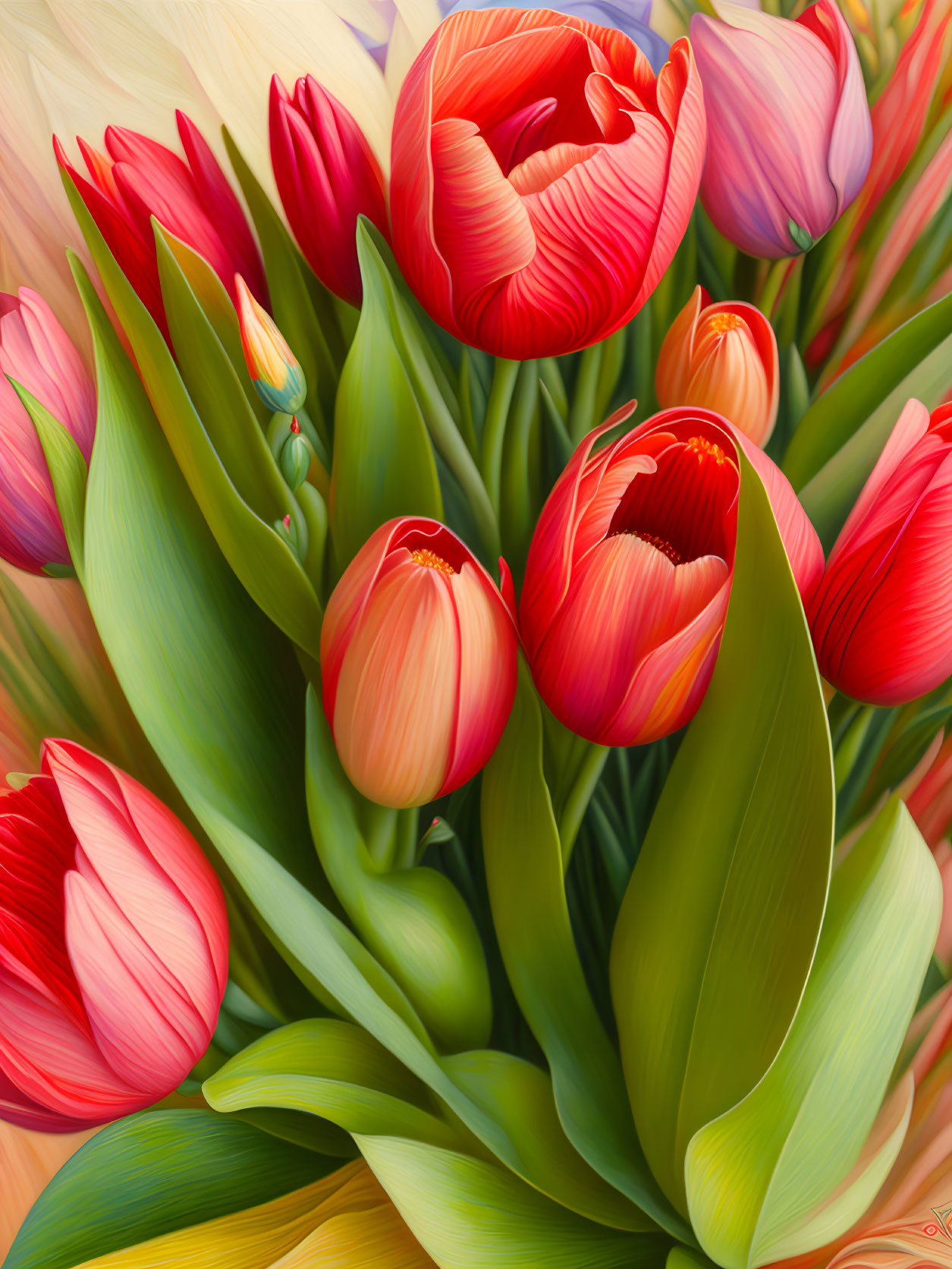 Vibrant Digital Painting of Red and Orange Tulip Bouquet