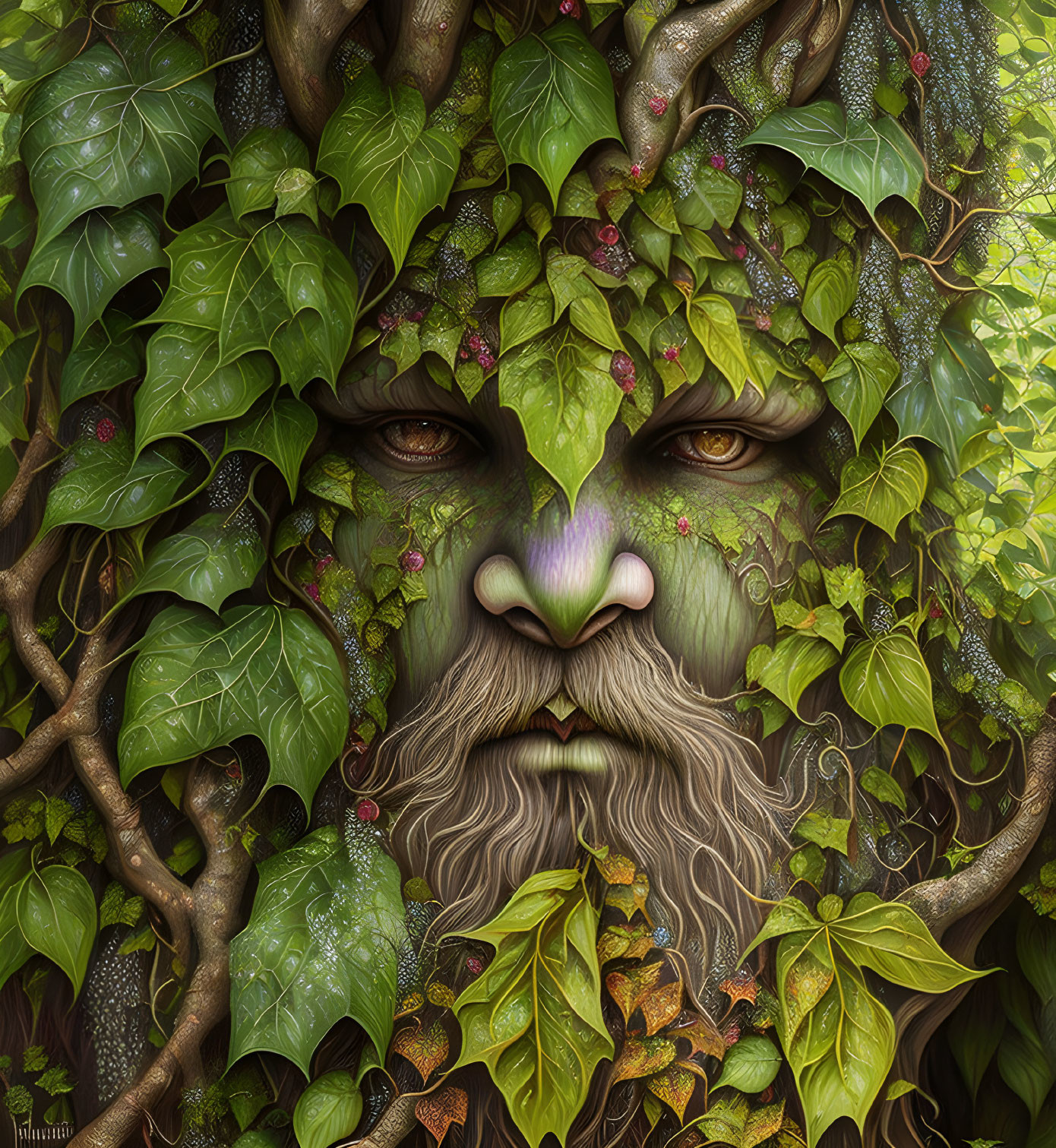 Detailed forest deity face intertwined with lush green foliage and tree trunks