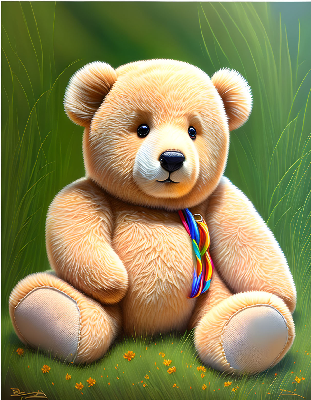 Colorful Teddy Bear with Rainbow Necklace in Vibrant Digital Illustration