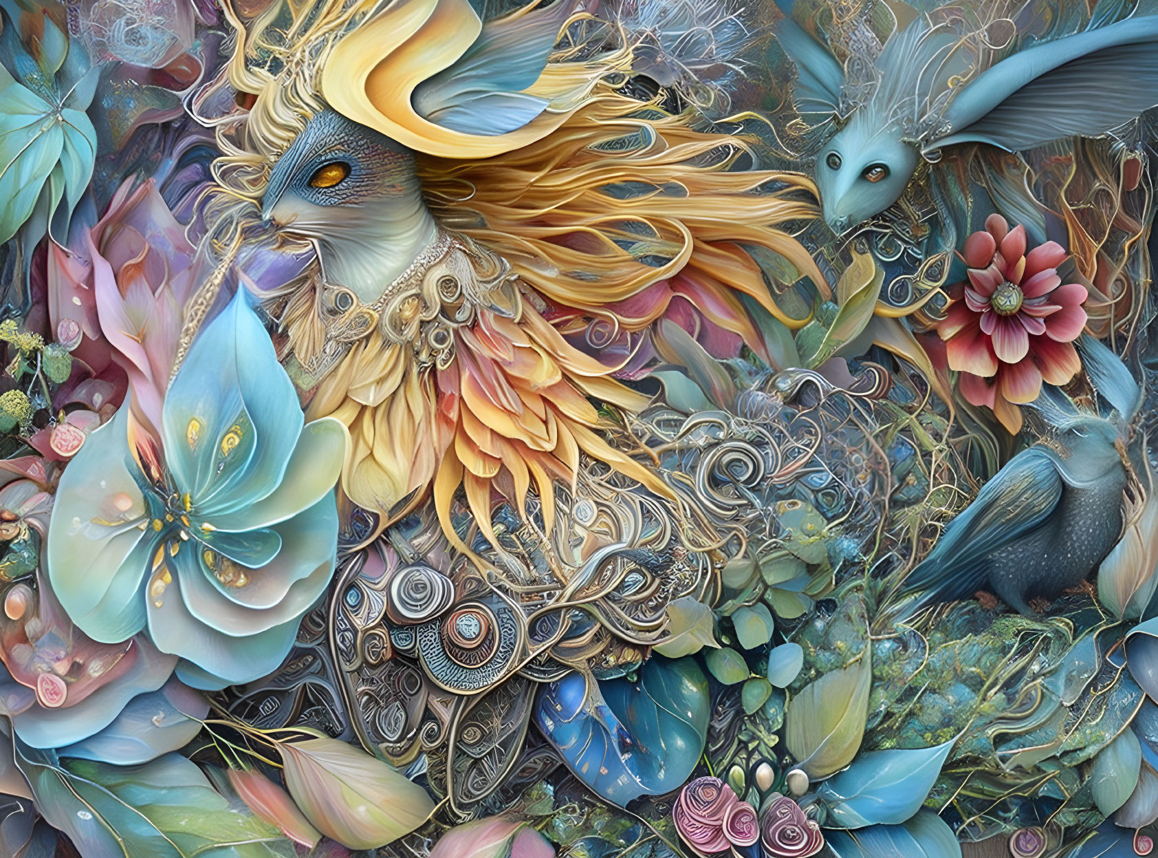 Colorful digital artwork: whimsical creatures in lush fantasy setting