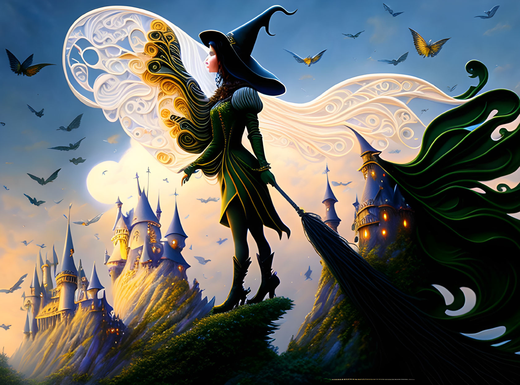 Fantastical witch with ornate wings and broom in moonlit castle scene