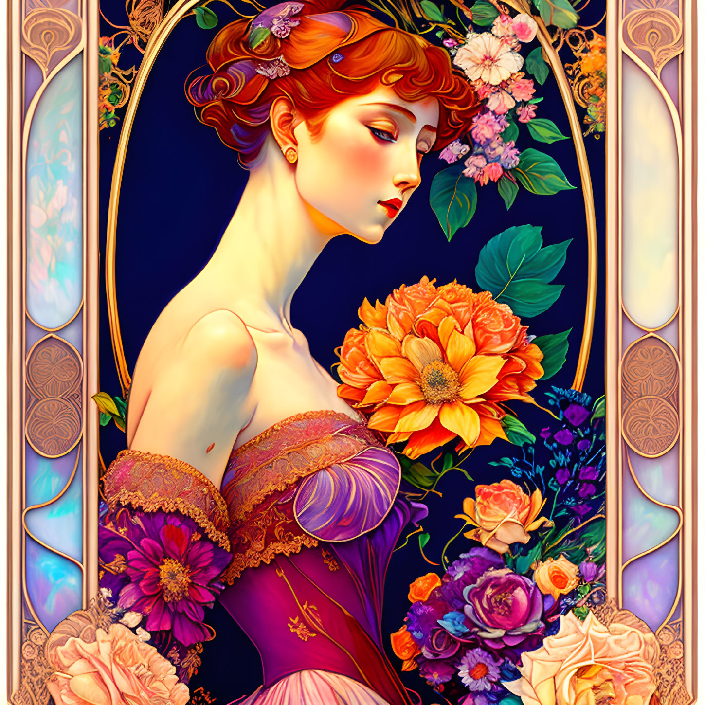 Vibrant Art Nouveau Woman & Flower Illustration