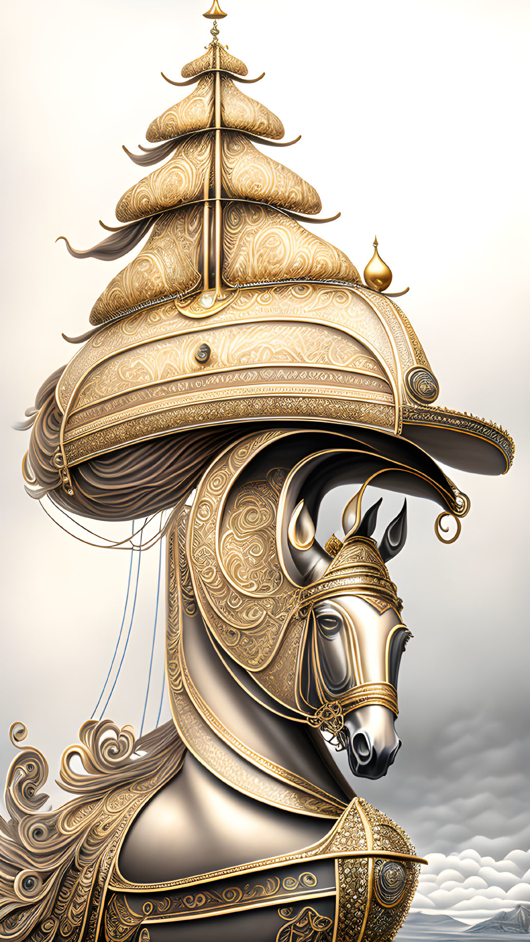 Golden-armored knight and horse in surreal artwork with ornate design.