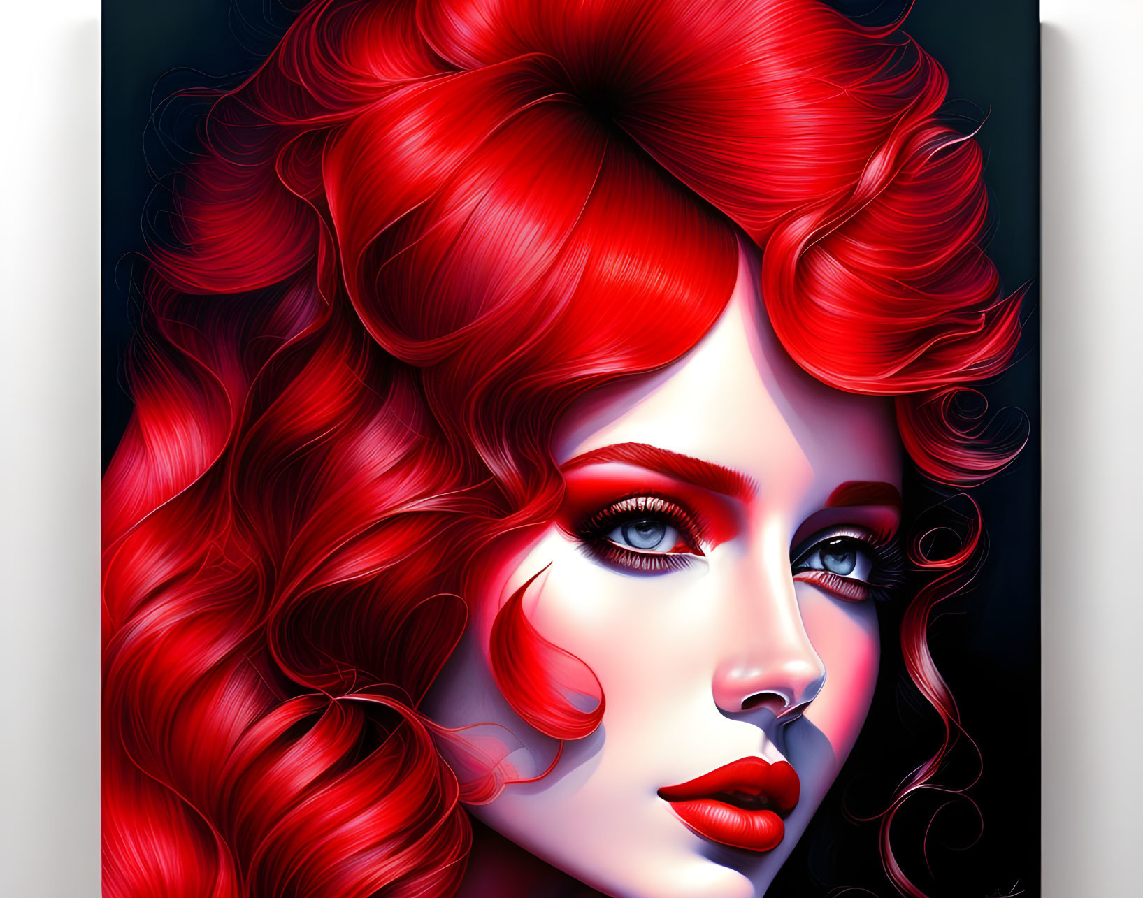 Vibrant red hair and lipstick in striking digital portrait