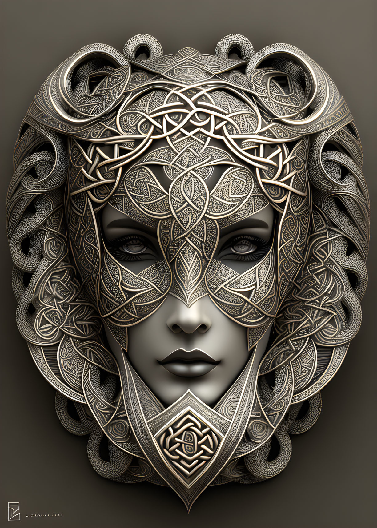 Detailed 3D Metallic Mask with Celtic Knot & Lion Features