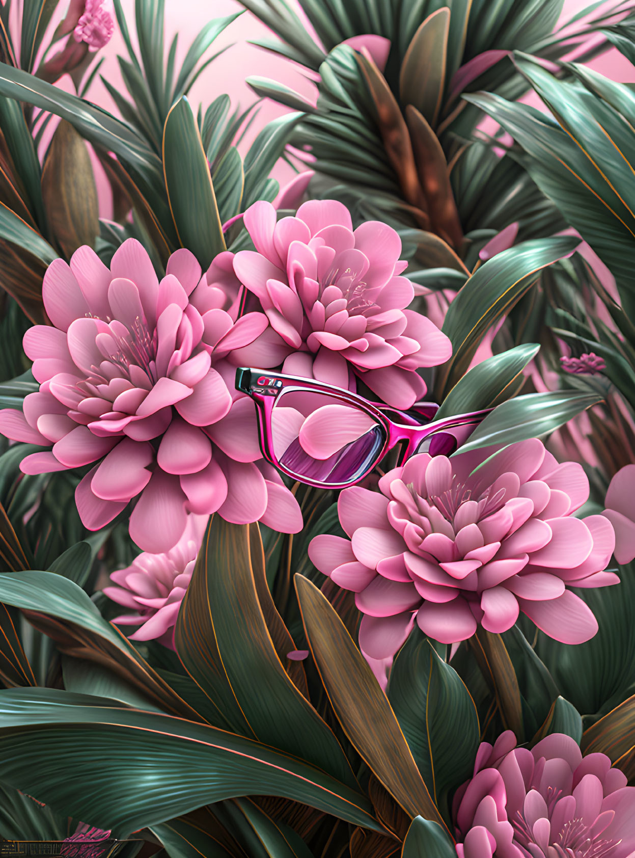 Stylish Sunglasses on Pink Flowers and Green Leaves