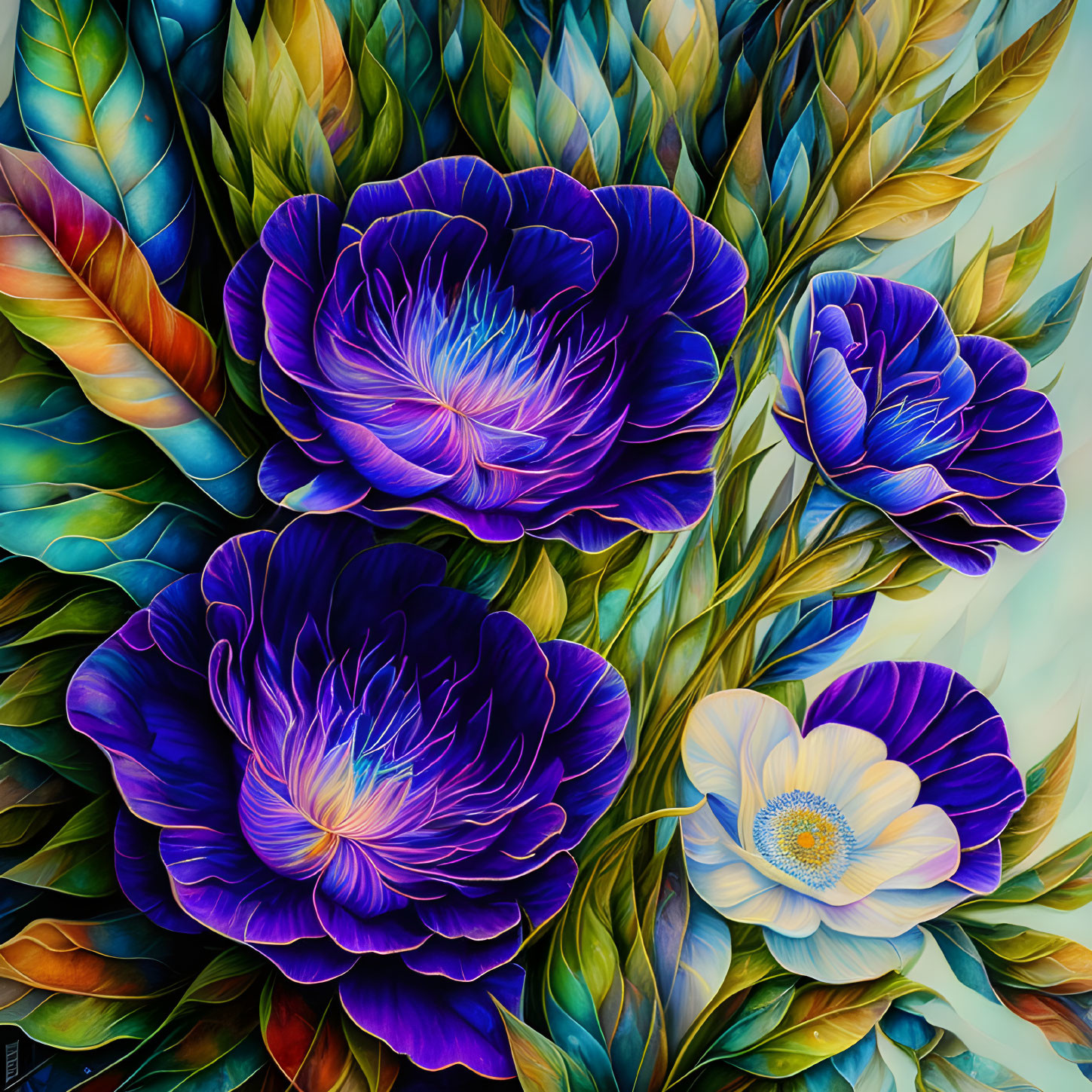 Colorful digital artwork featuring three stylized flowers and leaf-like patterns