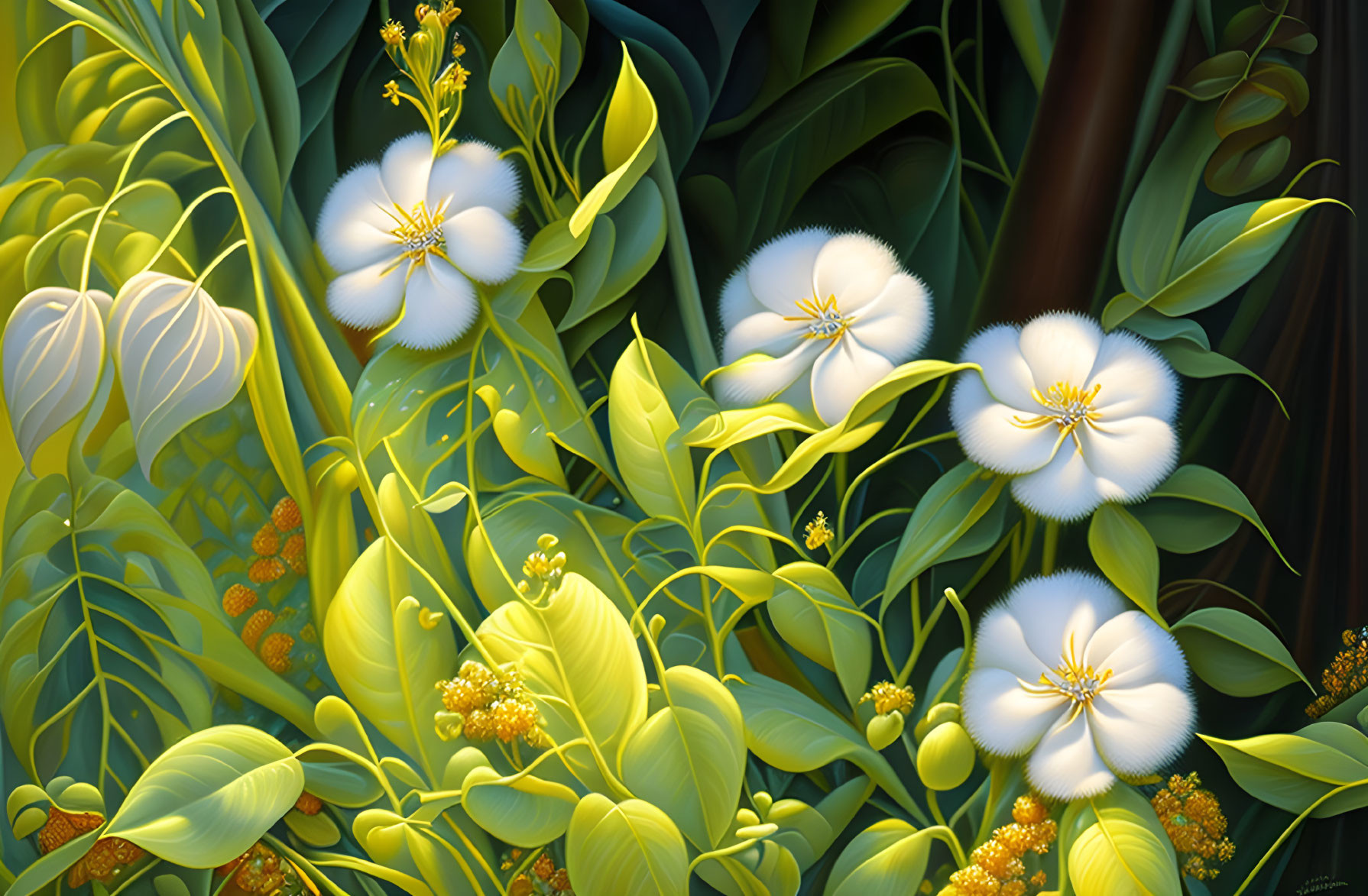 Detailed Tropical Scene with White Flowers and Green Leaves