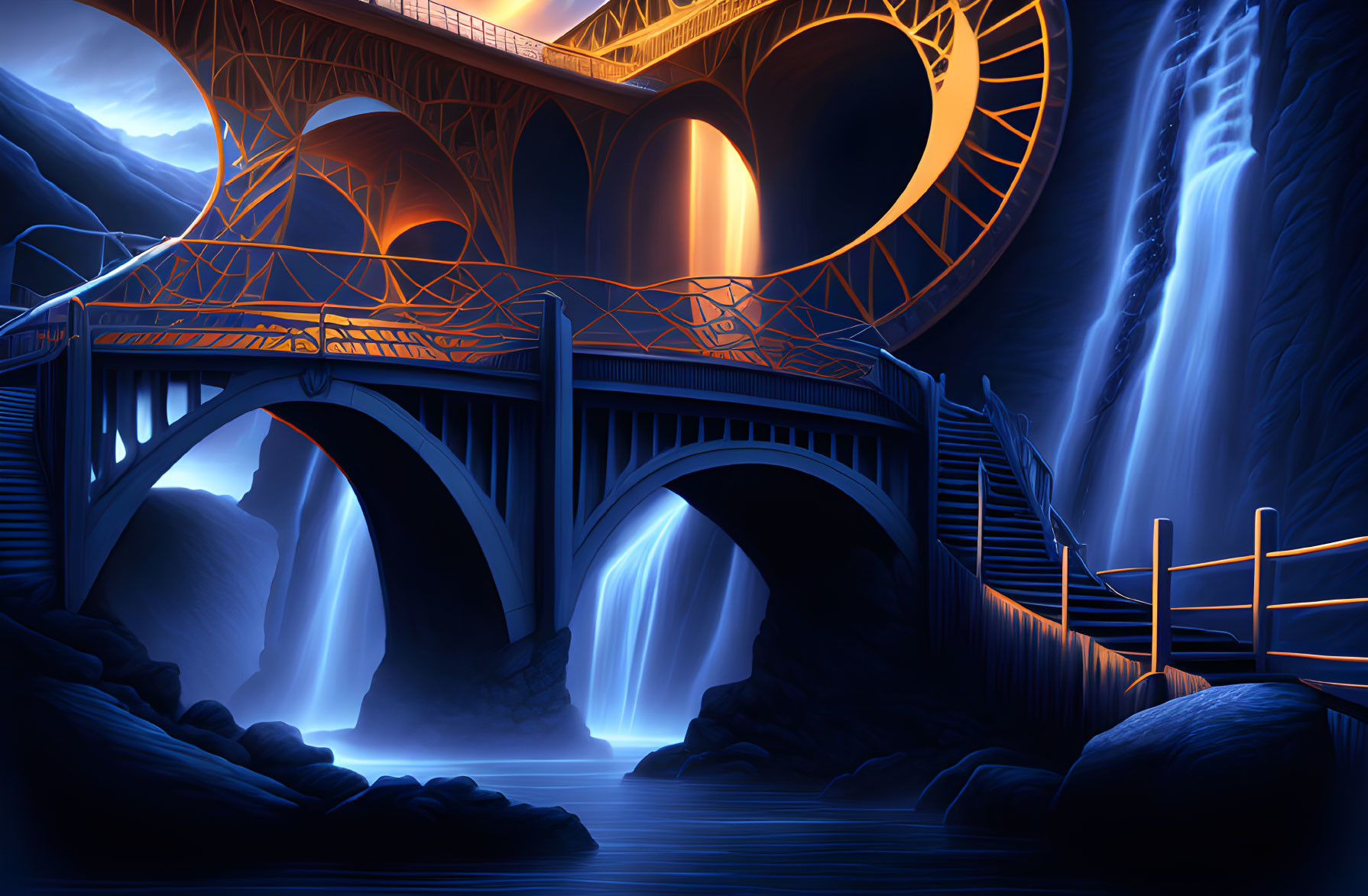 Elaborate futuristic bridge over illuminated waterfall at night