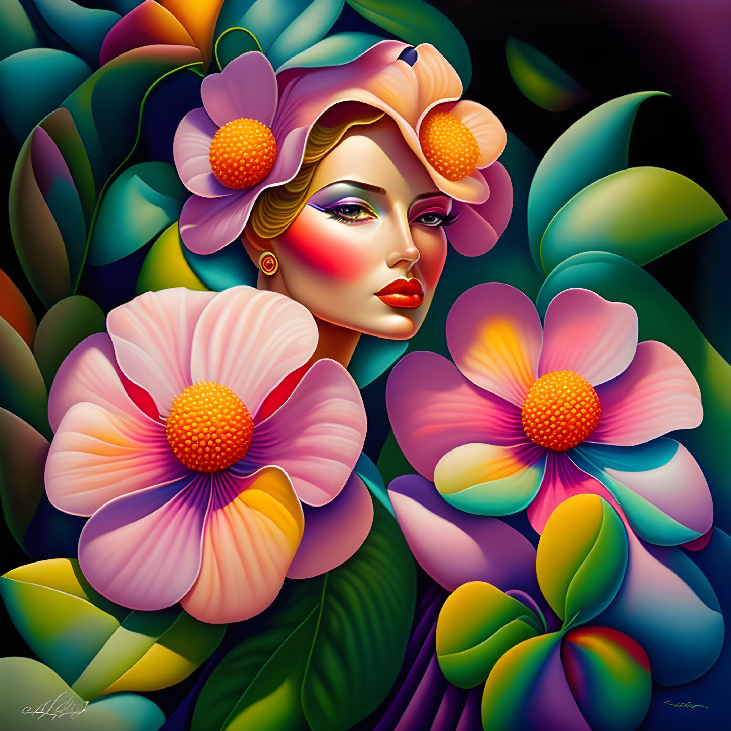 Colorful woman portrait with pink flowers and green leaves.