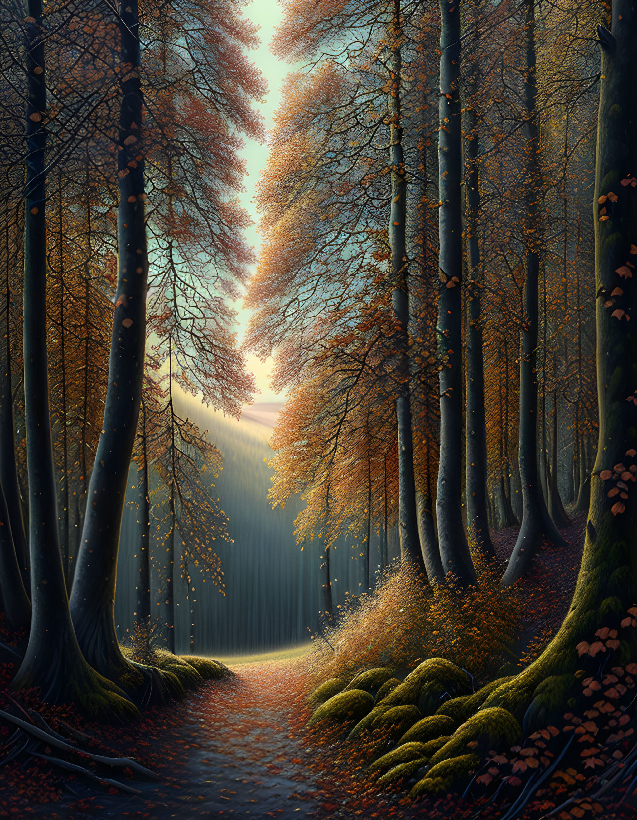 Tranquil forest path with tall trees, autumn leaves, sun rays, and lush moss