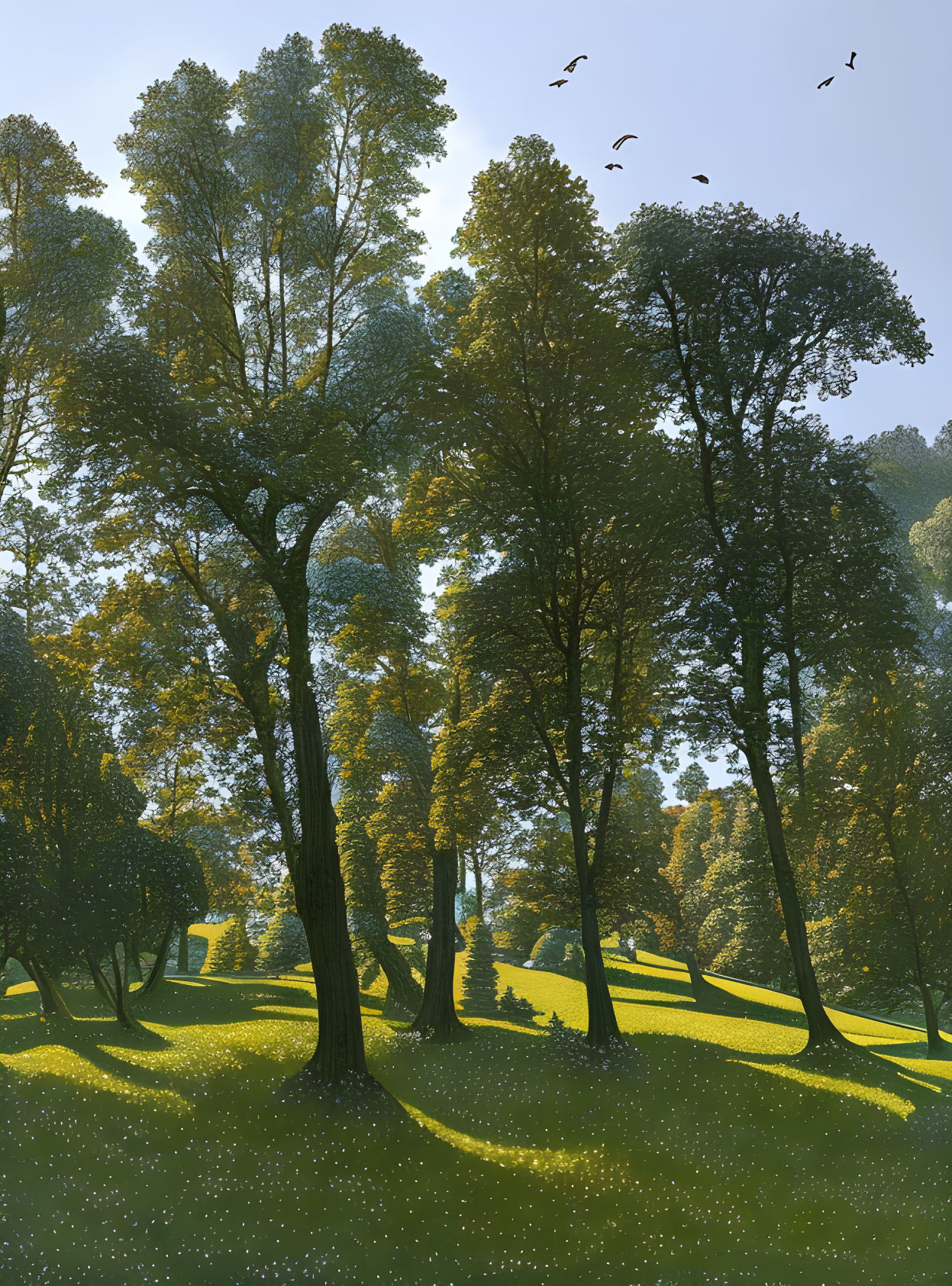 Tranquil forest scene with tall trees, sunlight, flowers, and birds