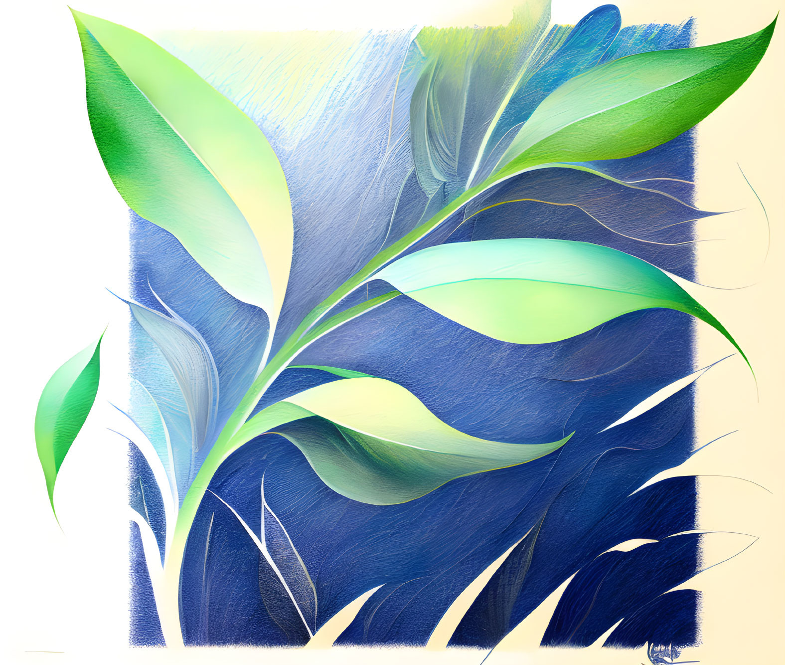 Stylized blue and green leaves on textured gradient background