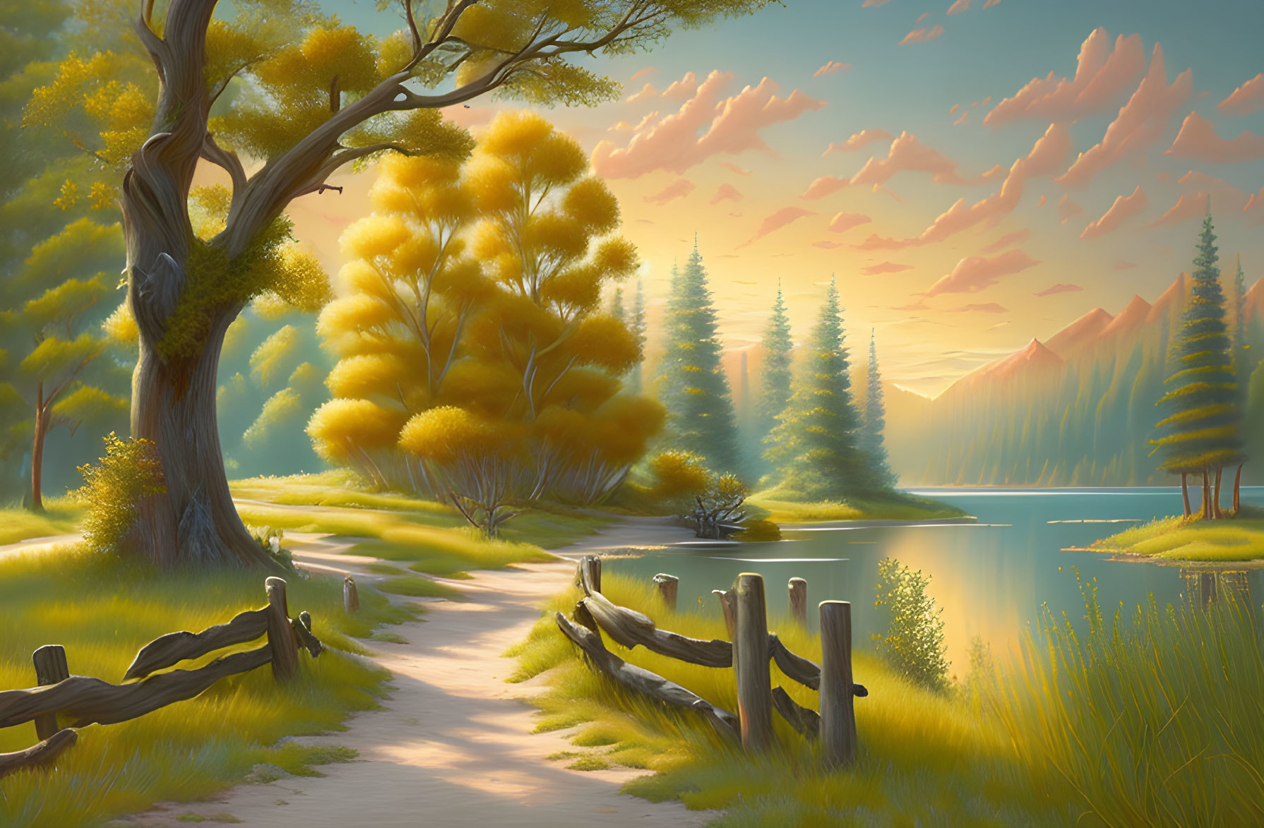 Tranquil landscape with serene lake, winding path, lush greenery, amber trees, and sunset