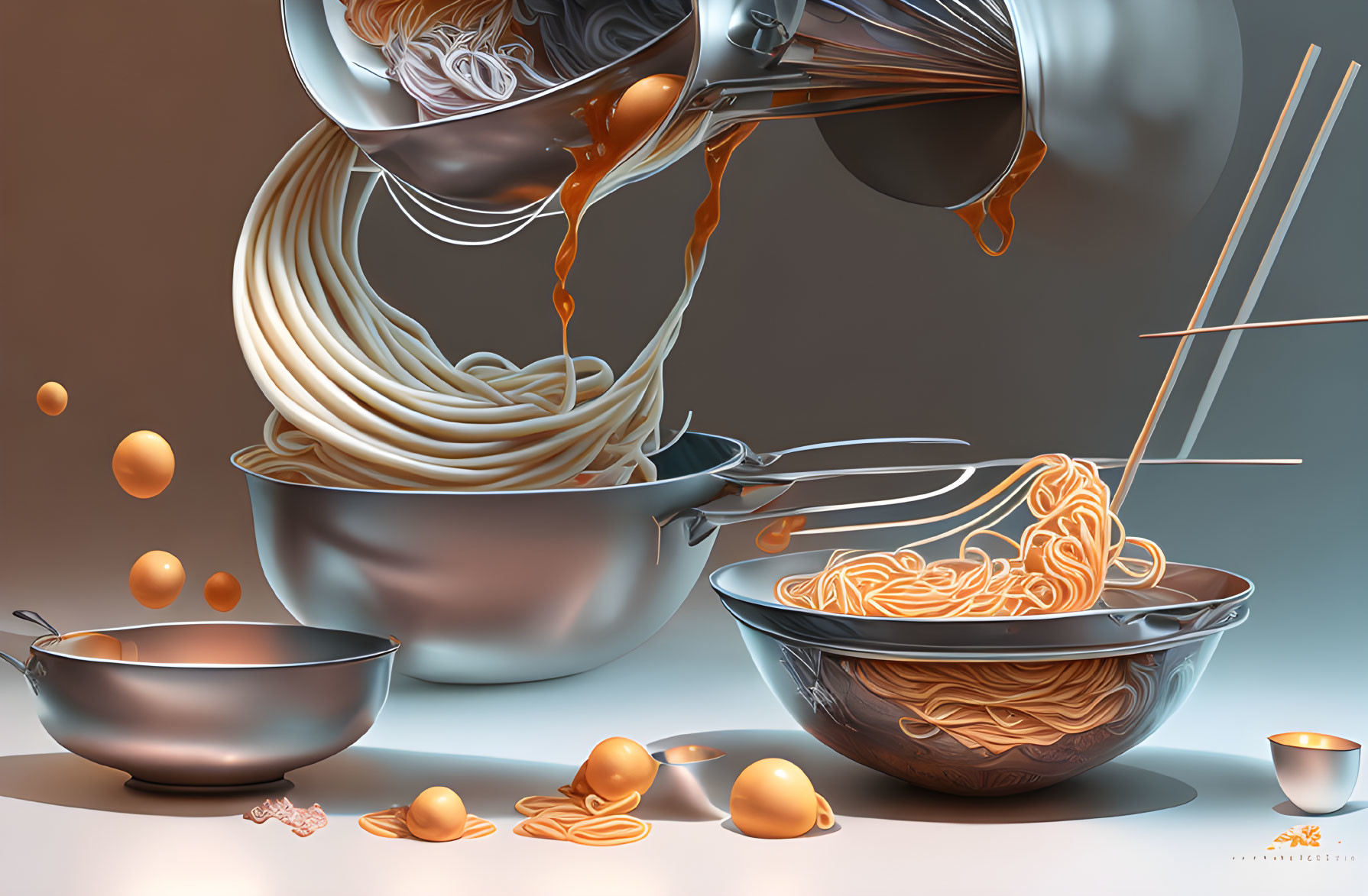 Illustration of floating noodles, eggs, and ingredients in magical preparation