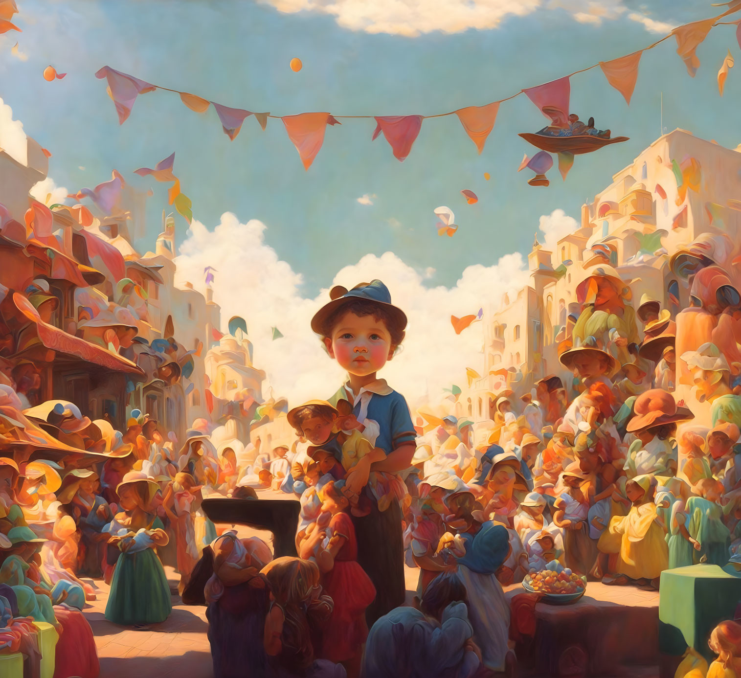 Colorful festival scene with child and teddy bear amidst joyful crowd