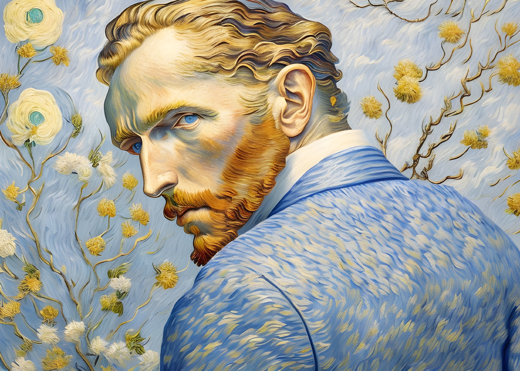 Colorful portrait of a man with red beard and blue coat, featuring swirling patterns and yellow flowers.